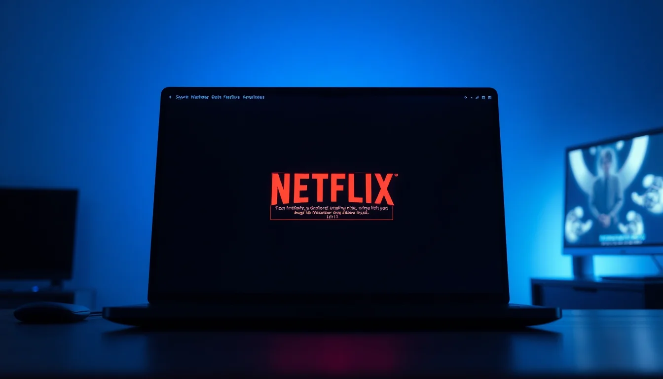 A laptop on a dark desk showing a Netflix error code m7111-1331-5059 VPN proxy blocked screen with red warning glow