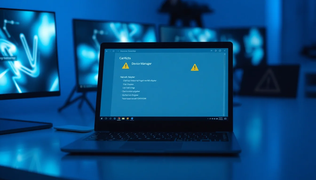 Windows laptop on a desk showing Device Manager network adapter error with no internet warning on screen