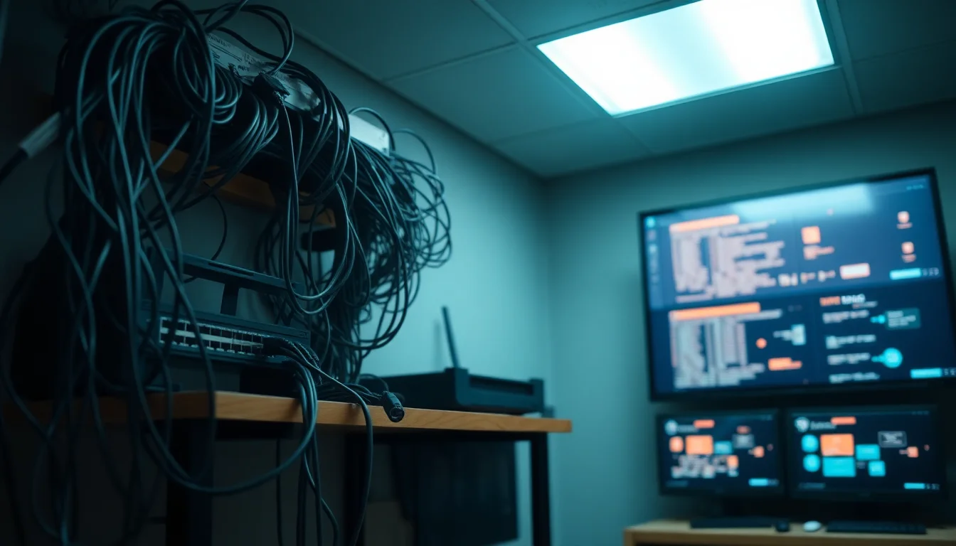 A tangled home network closet with unlabelled patch panel cables and a router on a shelf before a proper network closet setup