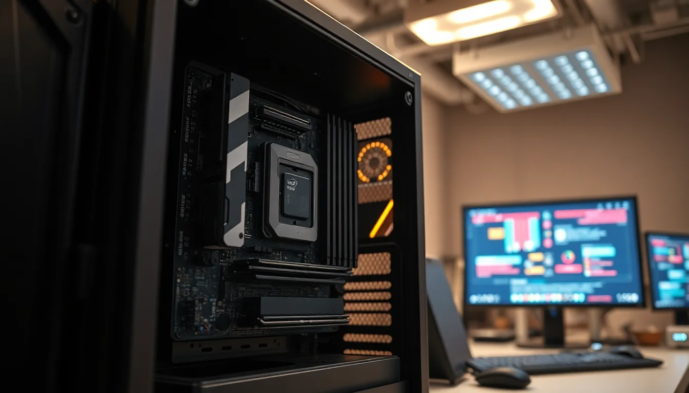 Desktop PC motherboard installed in case with RAM and CPU visible, professional workbench lighting from above, clean focused atmosphere