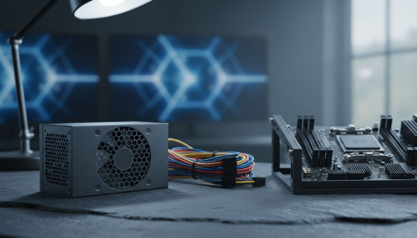 ATX power supply unit on a dark slate workbench surrounded by modular cables and a partially assembled PC motherboard
