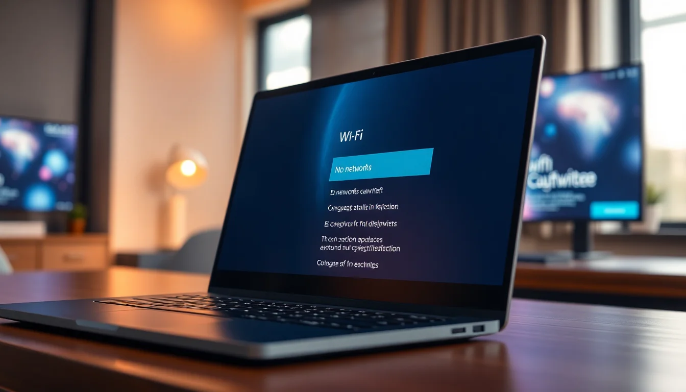 Windows 11 laptop on desk displaying empty Wi-Fi network list dropdown menu, daylight from window, professional workspace setting with frustration visible