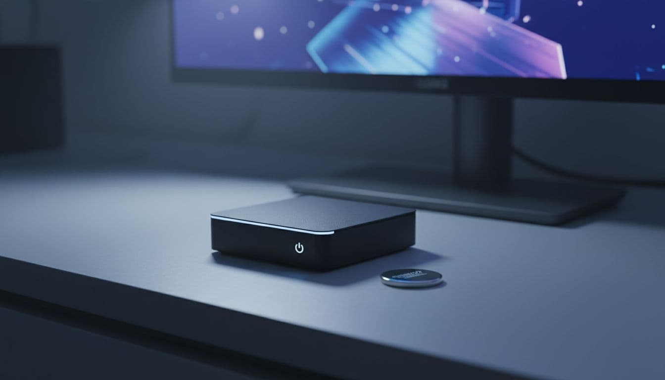 Intel NUC mini PC on a clean desk with BIOS setup screen visible showing incorrect date and time after CMOS battery failure