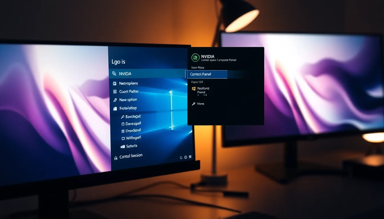 Windows 11 desktop right-click context menu showing NVIDIA Control Panel option highlighted, clean desk setup with dual monitors, soft warm desk lighting, professional atmosphere