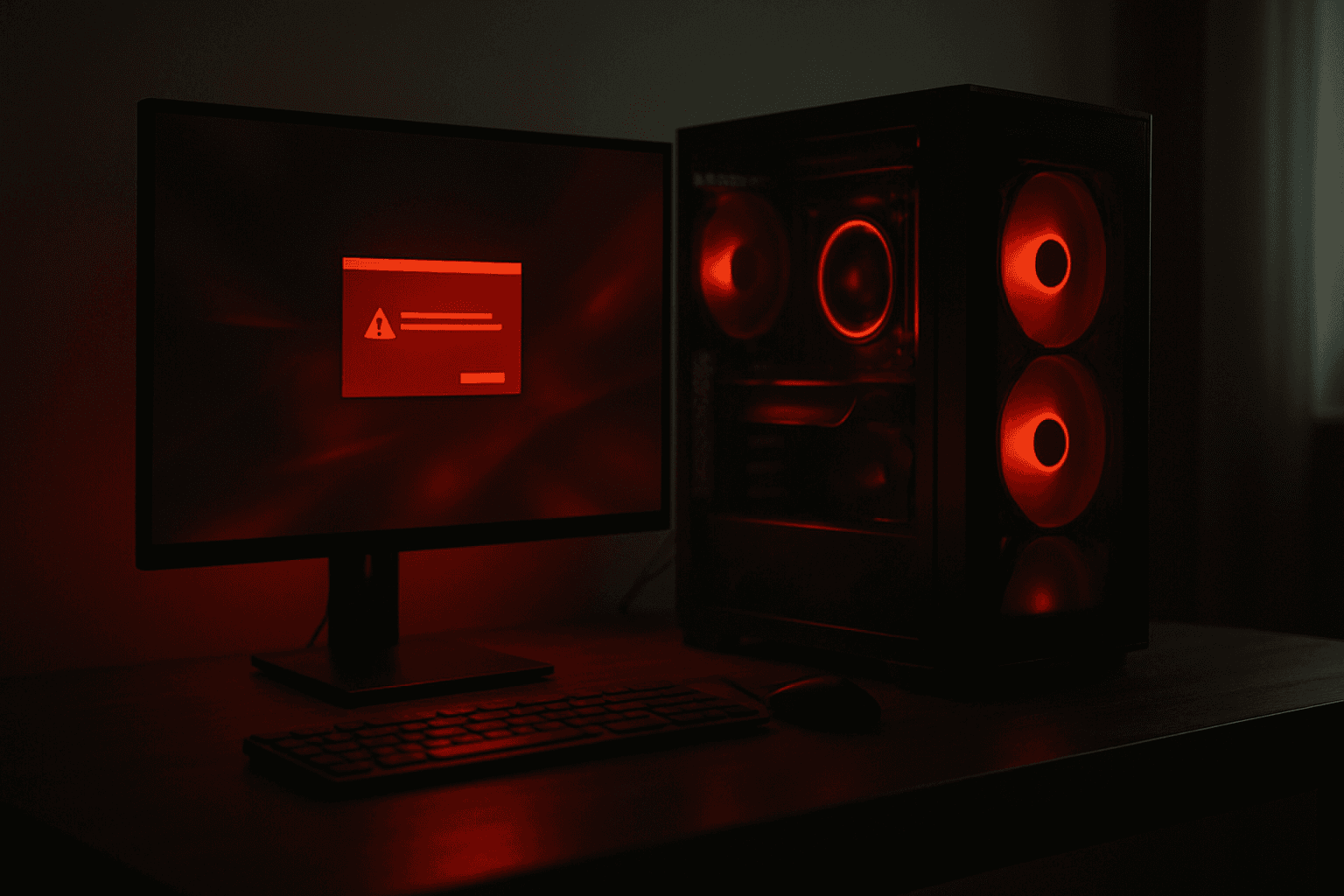 A gaming PC tower on a dark desk showing an Nvidia driver installer error message on a monitor, with red error lighting from the screen casting a tense atmosphere