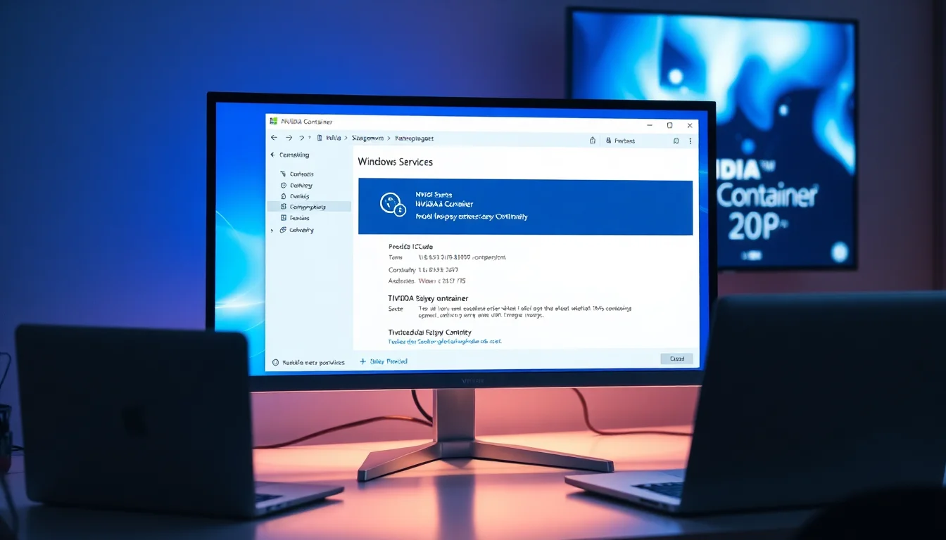 Windows Services management console showing NVIDIA Display Container service running, modern desktop monitor with error dialog in background, cool blue system lighting