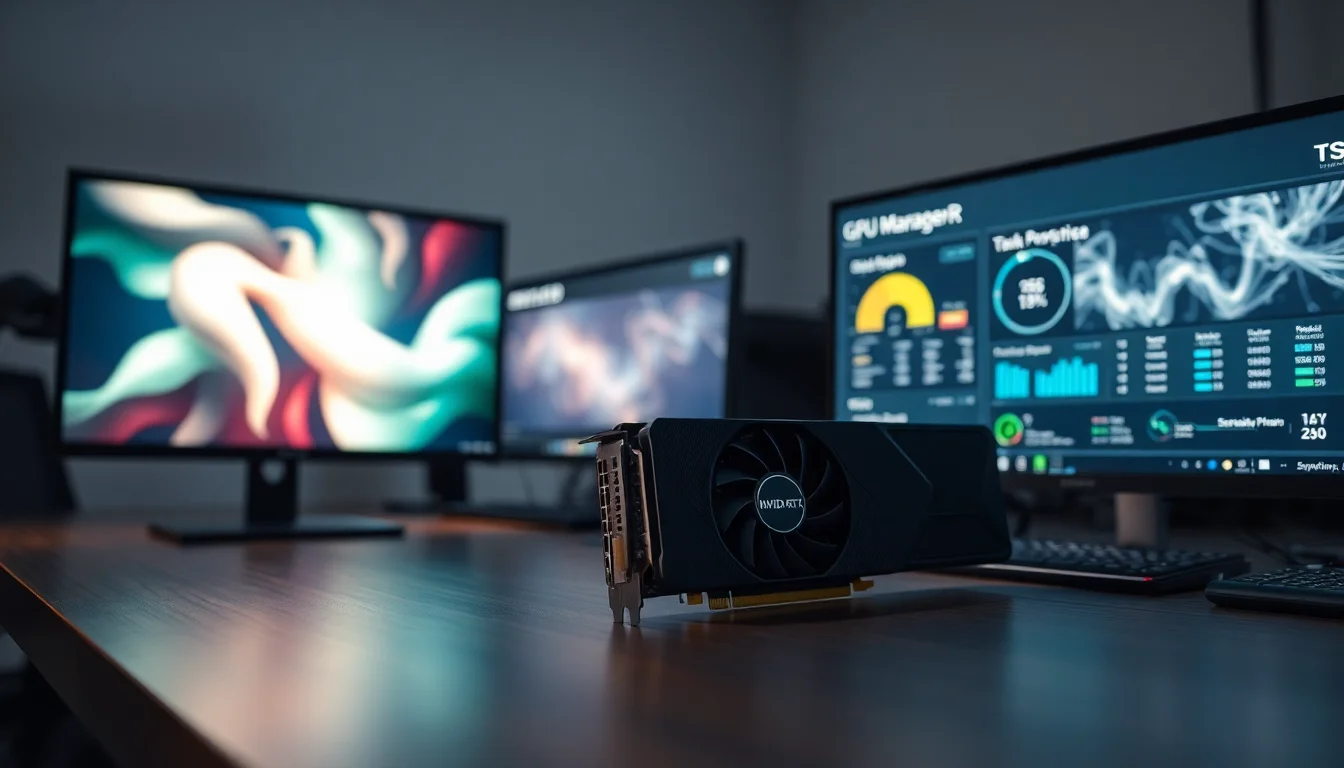 Nvidia RTX graphics card on modern desk with Task Manager performance graph showing low GPU clock speeds and usage, cool blue monitor lighting