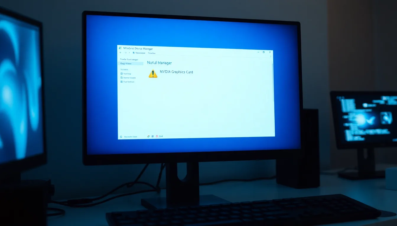 Windows Device Manager displaying NVIDIA graphics card with yellow exclamation mark indicating code 43 error on a modern desktop workstation, cool blue system interface lighting, professional technical atmosphere