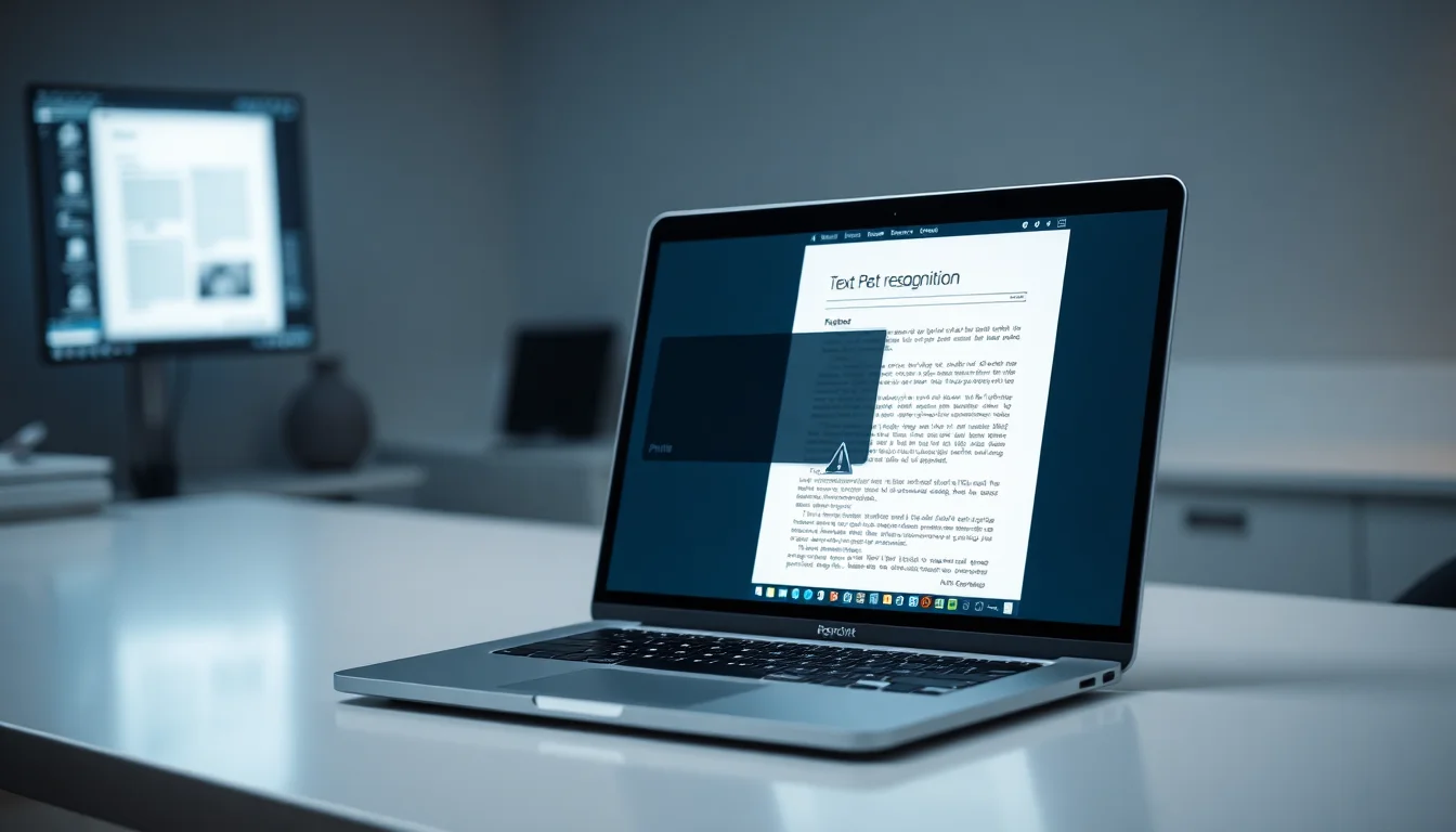 A scanned document PDF open on a laptop screen showing unselectable image text with OCR processing overlay on a modern desk