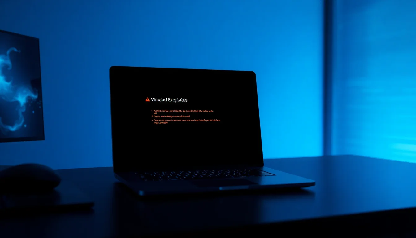 A Windows 11 laptop on a dark desk showing a crashed application error dialog for an offline AI writing tool executable