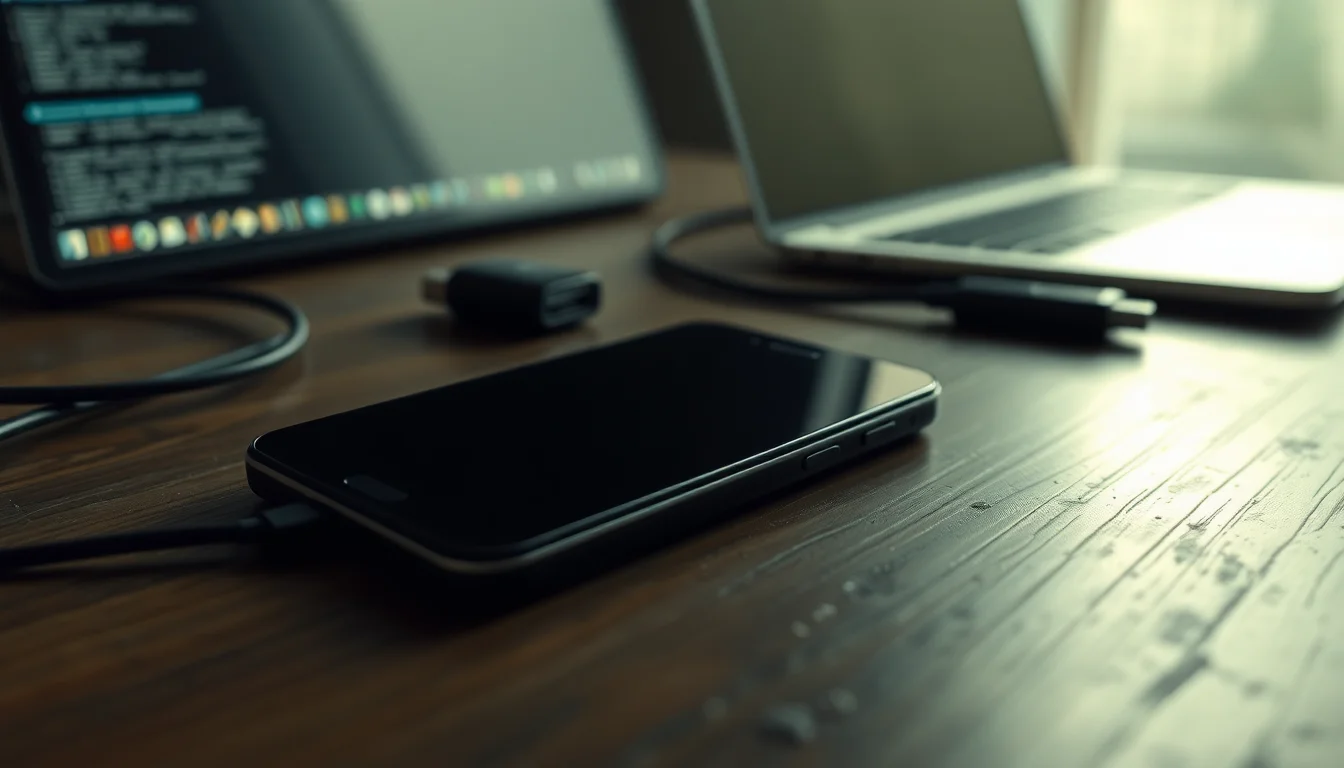 An old Android smartphone on a wooden desk next to a USB cable, showing a blank unresponsive screen under soft natural window light