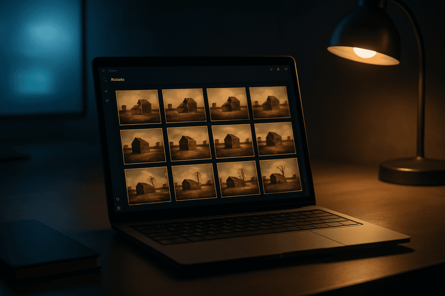 A Windows 11 laptop on a tidy desk showing the Photos app with duplicate old images appearing in the gallery grid