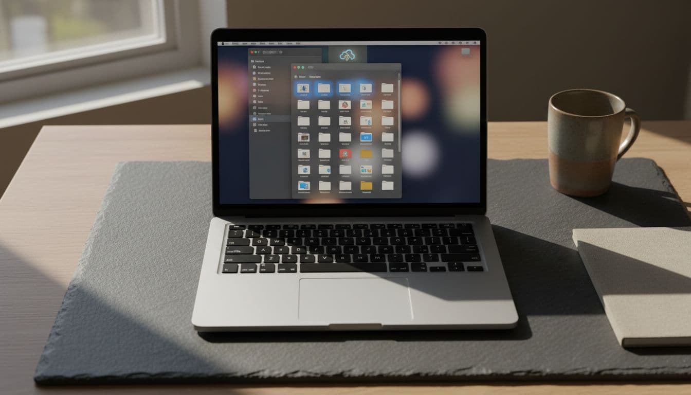 A MacBook on a desk showing a Finder window and the OneDrive cloud icon in the menu bar
