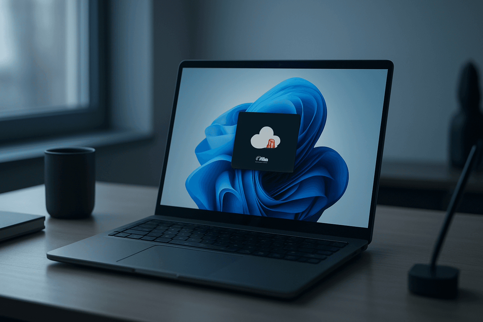 Windows 11 laptop on a clean office desk showing OneDrive red X sync error icon in the system tray