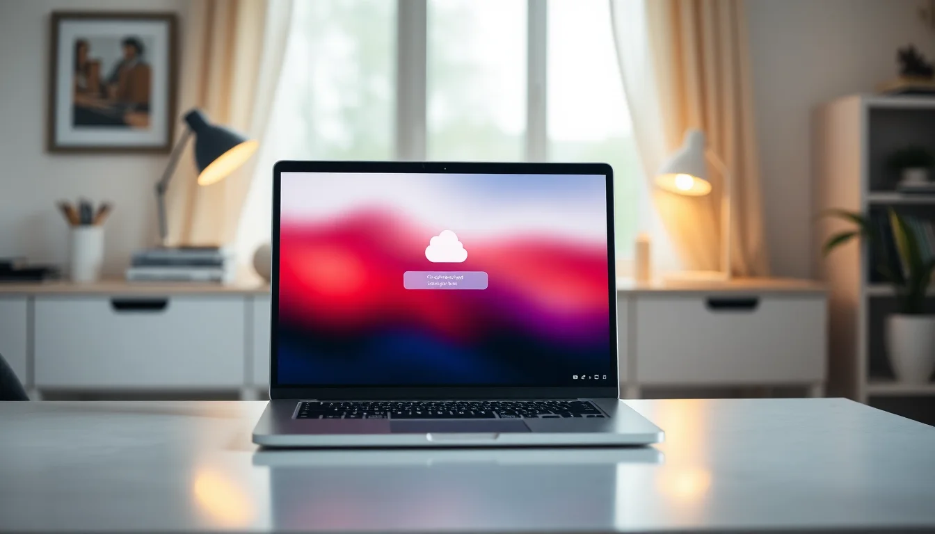 Windows 11 laptop on desk showing OneDrive sync pending status with circular loading icon and pending files, warm desk lamp lighting, focused professional atmosphere