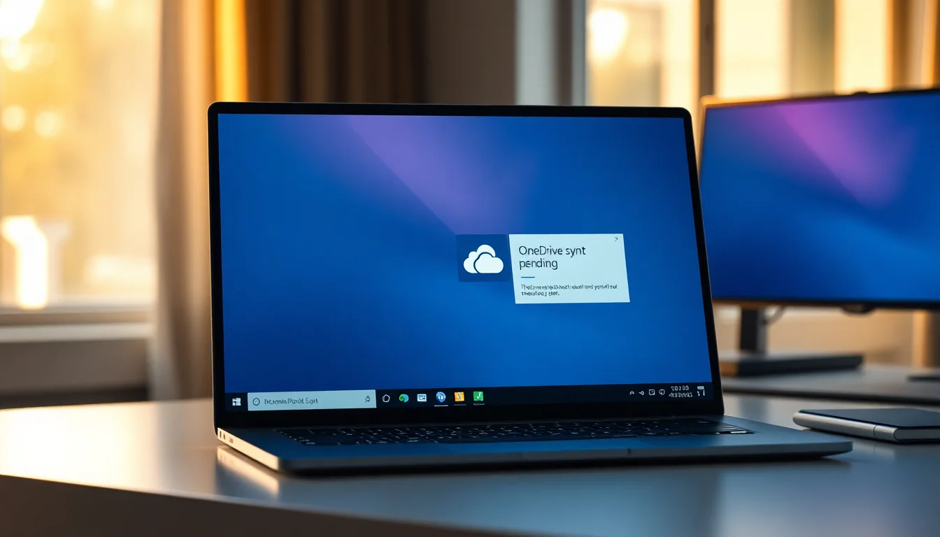 Windows 11 laptop showing OneDrive sync pending status notification on taskbar with cloud icon, warm desk lighting, professional focused atmosphere