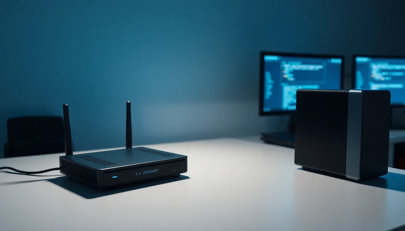 OpenWrt router on a desk with terminal window showing AT&T bypass network configuration commands