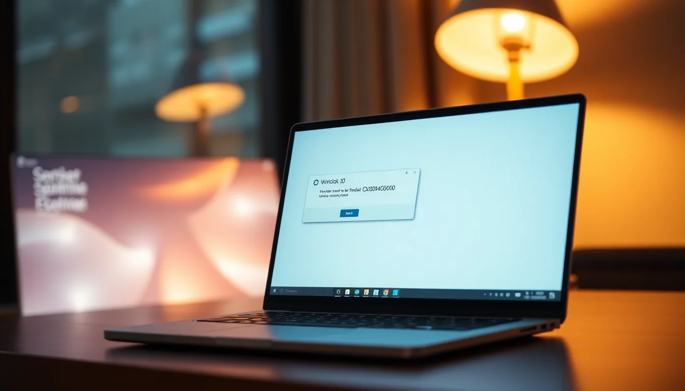Windows laptop displaying Outlook error 0x80040600 message on screen with file folder icon, warm desk lamp lighting from side, focused determined atmosphere