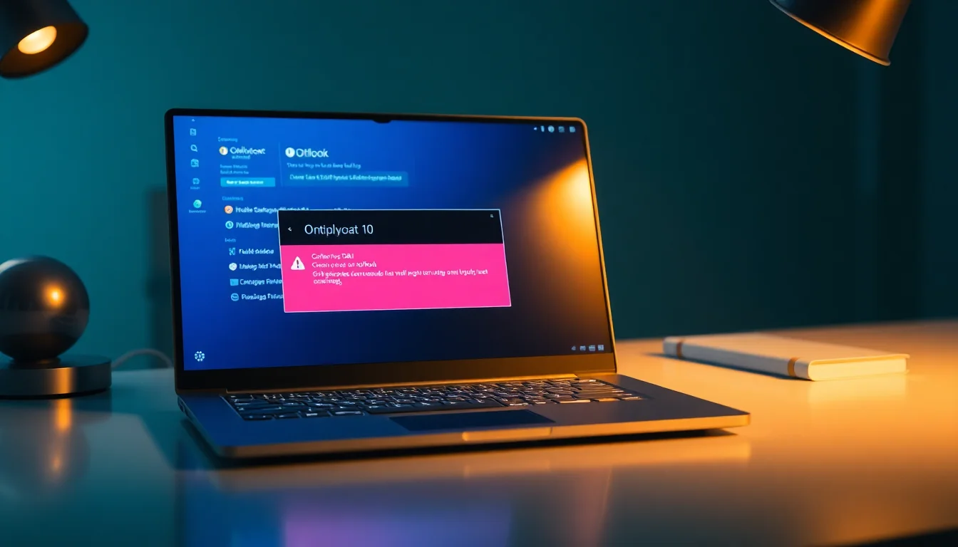 Windows laptop displaying Outlook email client with SMTP authentication error message on screen, warm desk lamp lighting from left side, focused professional atmosphere
