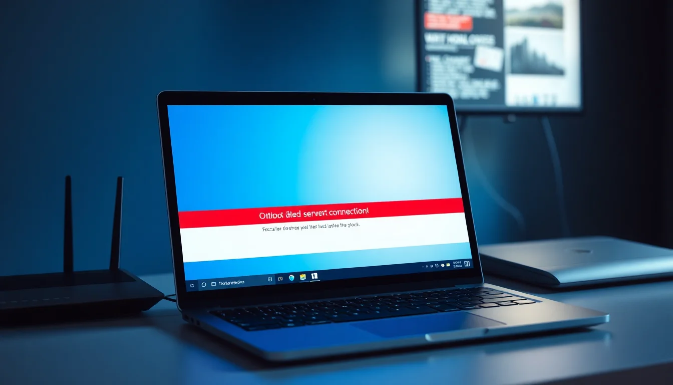 Windows laptop showing Outlook inbox with red error notification, unopened emails trapped on mail server, desk with networking equipment, cool blue-grey lighting, frustrated tech support atmosphere