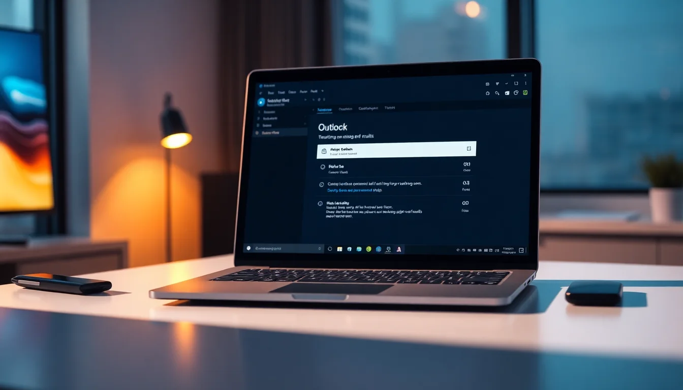 Windows 11 laptop displaying Outlook email client with search box highlighted, showing no results message. Modern desk setup with focused warm lighting, professional calm atmosphere.