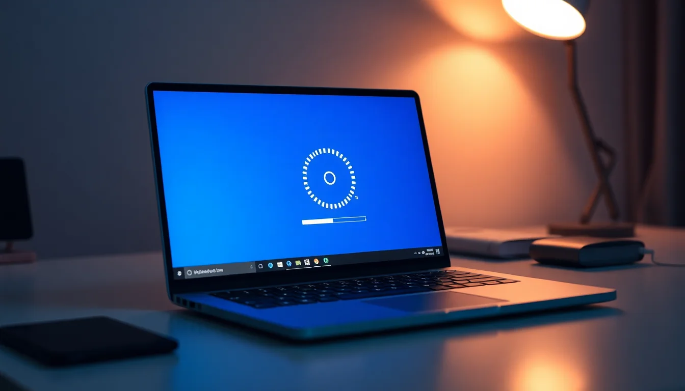 Windows 10 laptop displaying Outlook frozen on loading profile screen with spinning indicator wheel on desk with coffee cup