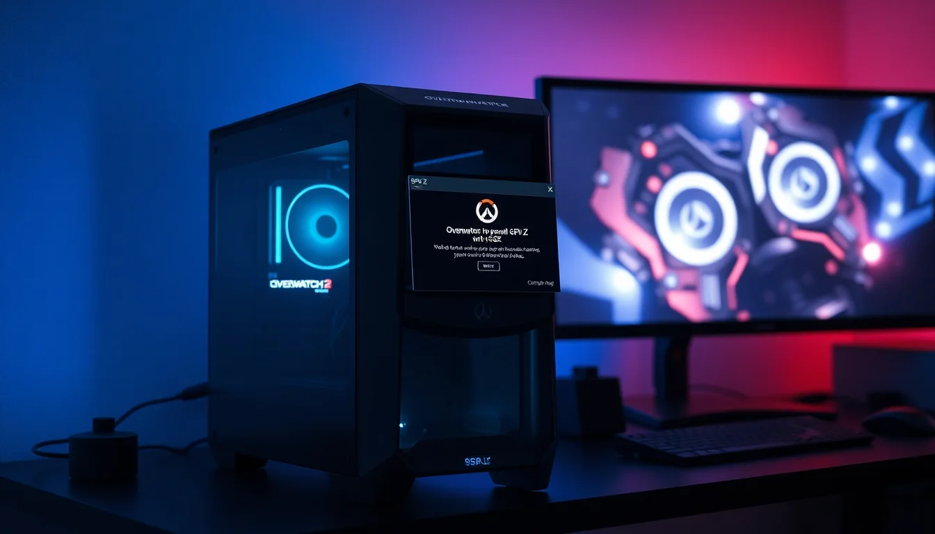 Windows 11 desktop with Overwatch 2 crash error dialog and GPU temperature monitor showing thermal throttling on a modern gaming setup with RGB lighting