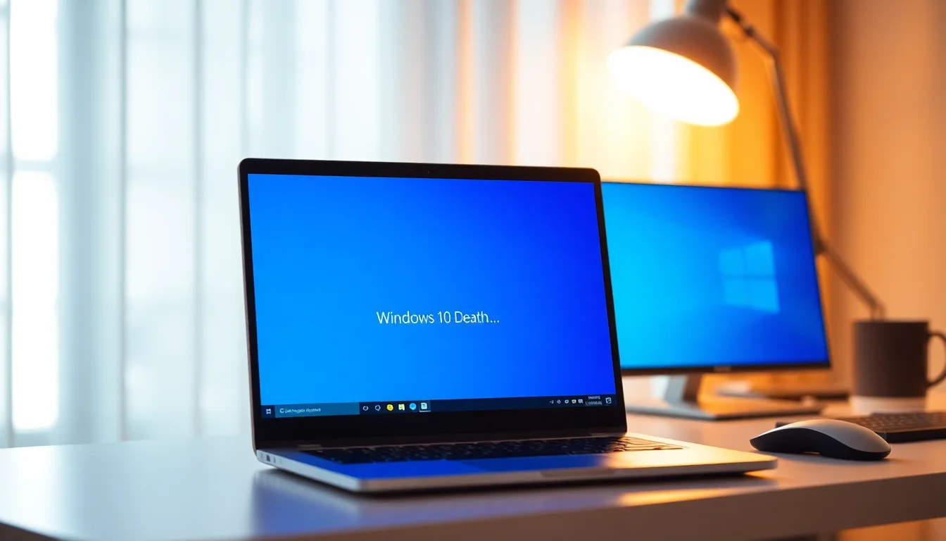 Windows 10 laptop displaying blue screen error with sad face emoticon and technical stop code text on dark background