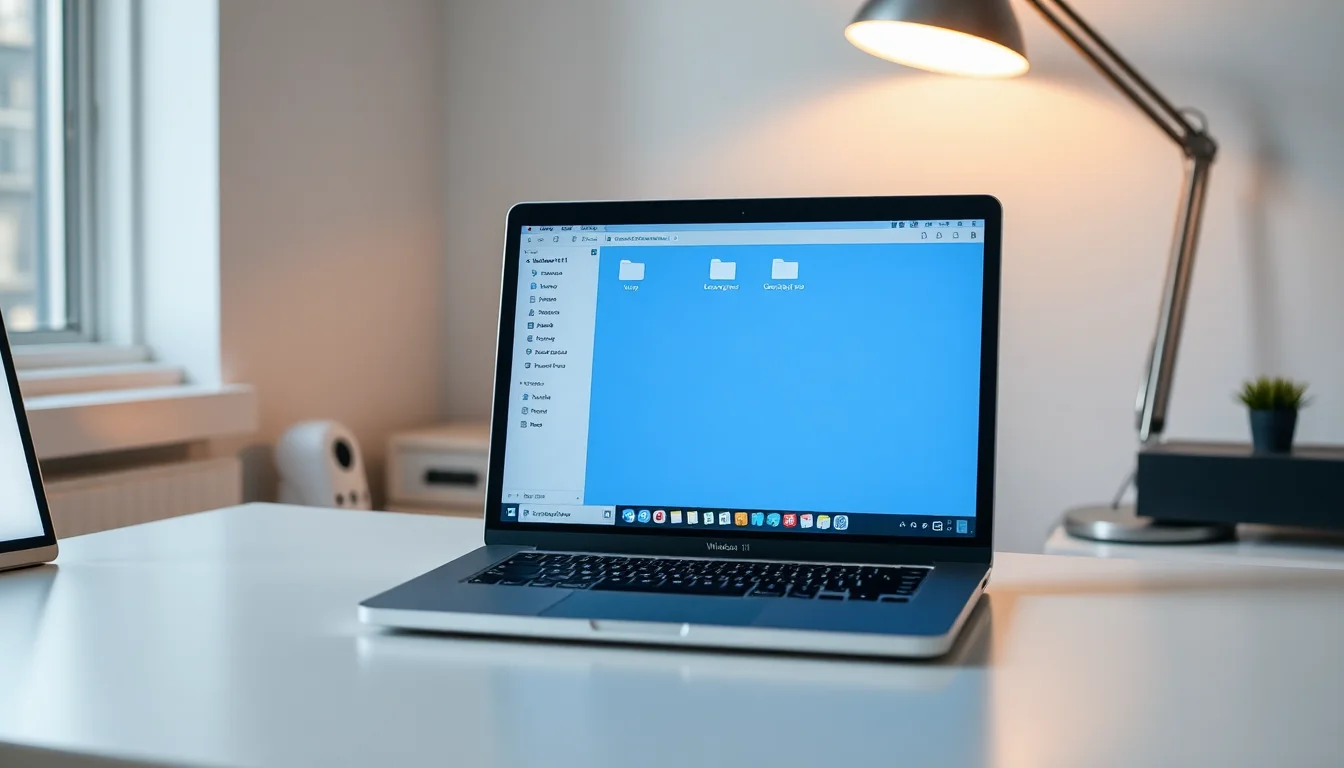 MacBook Pro on a desk showing Parallels Desktop Windows VM with missing Desktop and Documents folders in File Explorer