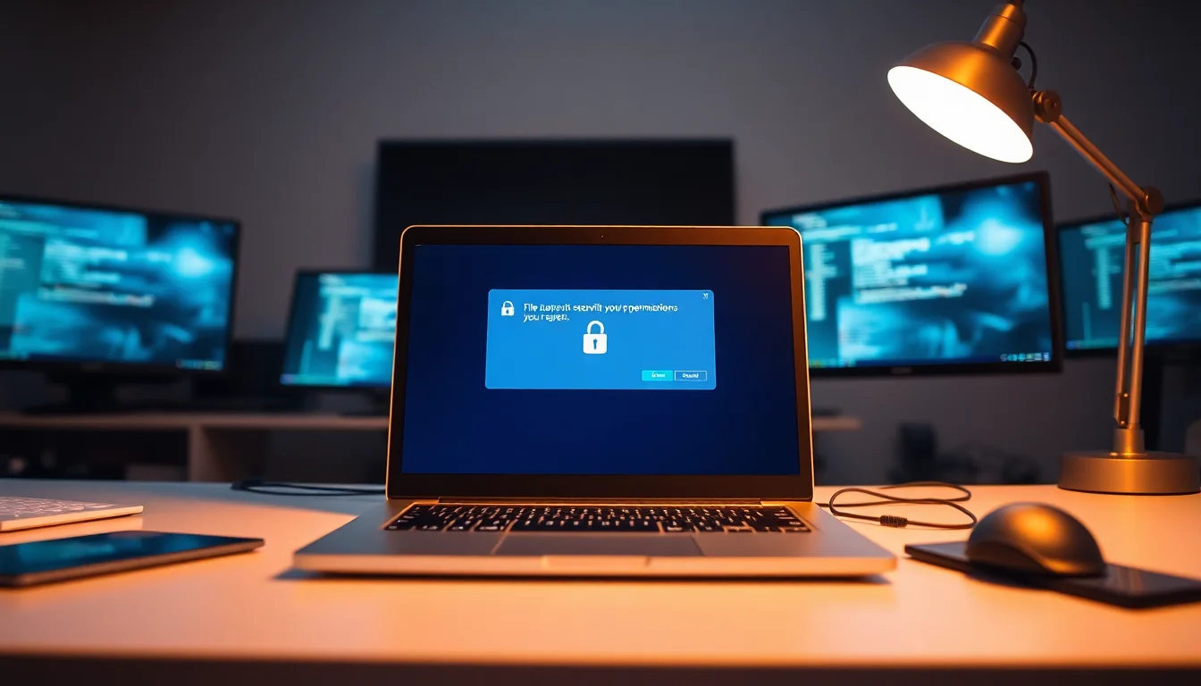 Windows 11 laptop on a clean desk showing file properties security permissions dialog with deny delete option highlighted
