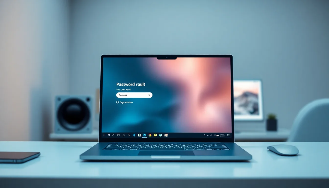 Windows 11 laptop on a desk showing a password vault manager login screen with browser extension icons visible in the taskbar