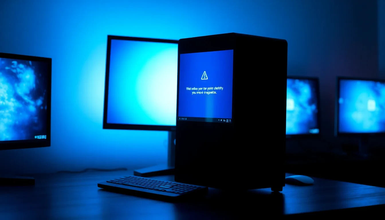 Windows desktop PC on a desk showing blue screen error after power outage with warning symbols on monitor