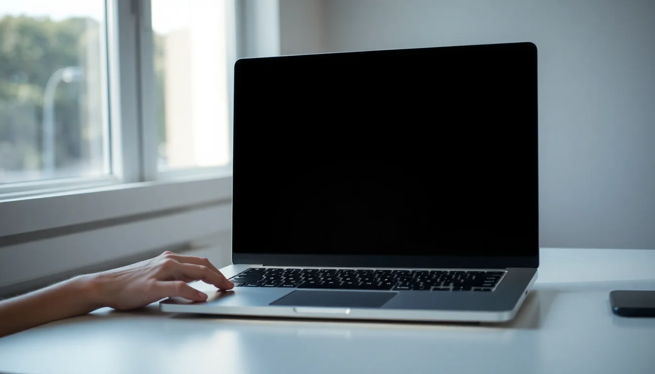 Close-up of a Windows laptop displaying a completely black screen on white desk with hand reaching toward power button, cool morning sunlight from left side, focused problem-solving atmosphere