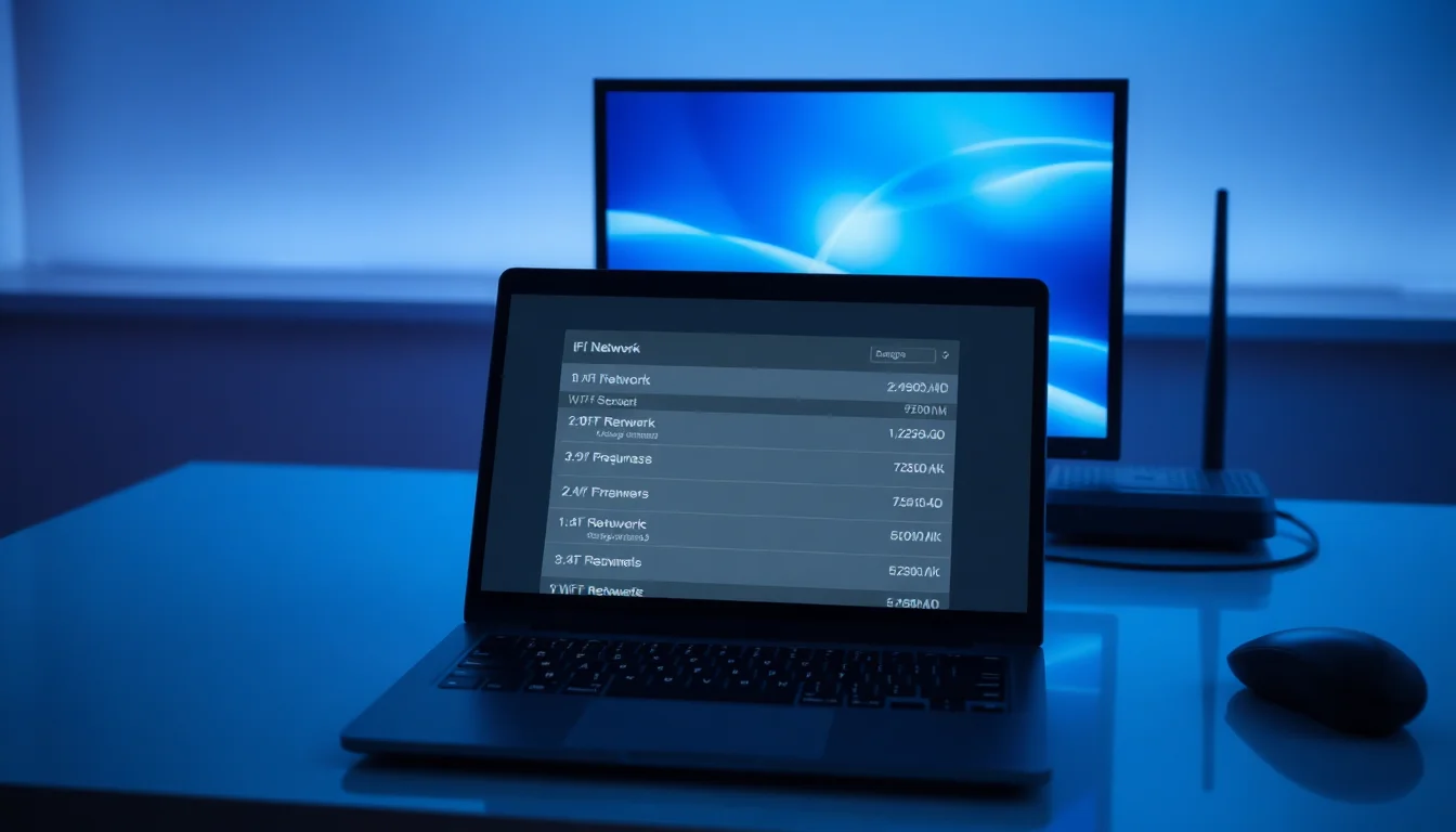 Windows laptop on a desk showing no Wi-Fi networks available in the network panel with a router in background