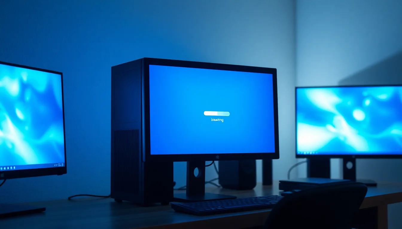 A Windows desktop PC on a wooden desk showing a frozen unresponsive screen with spinning cursor in a dim home office