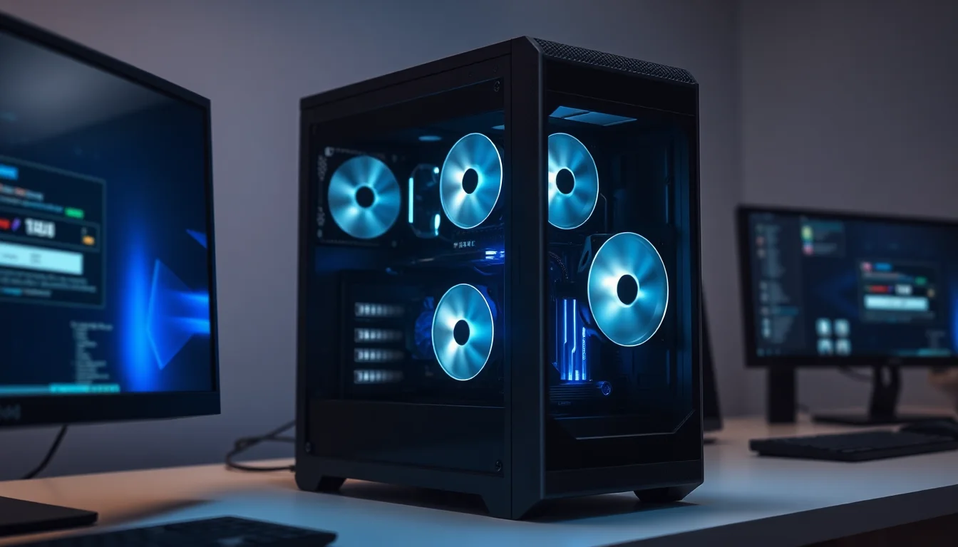 Close-up of desktop PC tower with internal cooling fans visible, sitting on modern office desk with blue warning light glowing from case