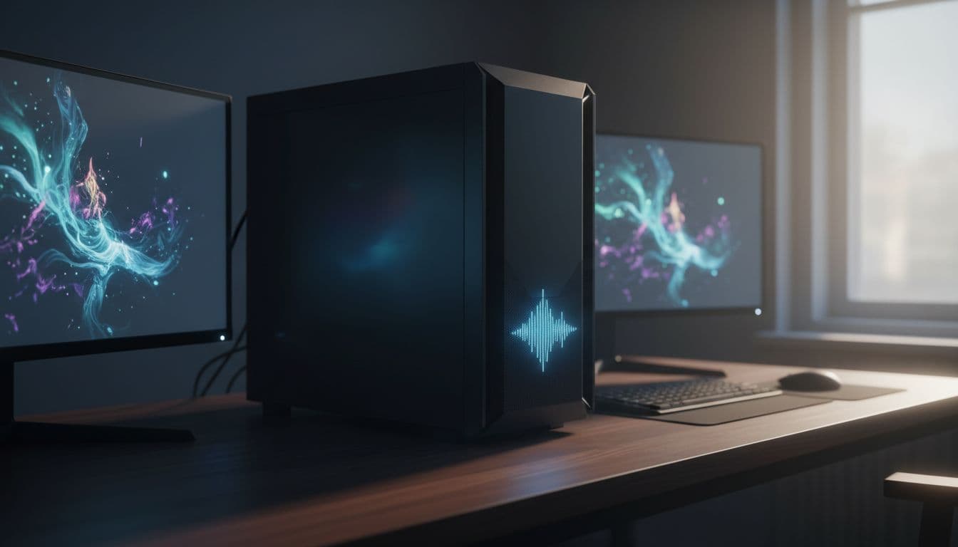 Desktop PC tower on a dark desk with sound wave visualisation glowing from speaker grille, highlighting unexplained noise troubleshooting