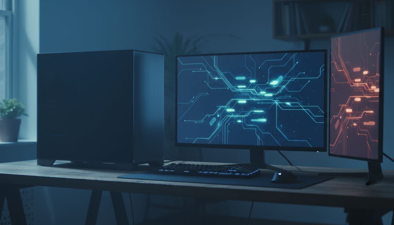A desktop PC tower on a wooden desk showing a black screen after unexpected shutdown, dim blue ambient lighting, tense focused atmosphere