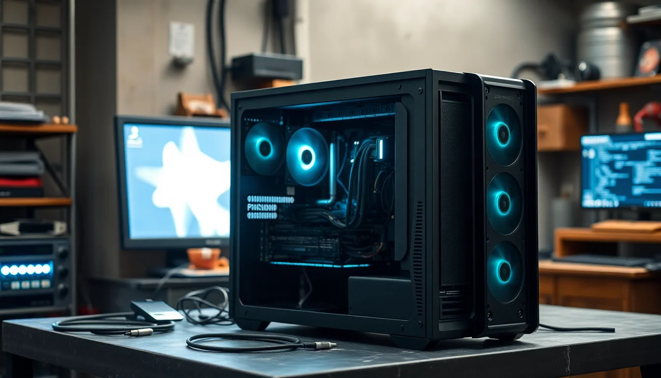 Desktop PC case open on a workbench with a technician inspecting internal fans and cables for rattling noise source