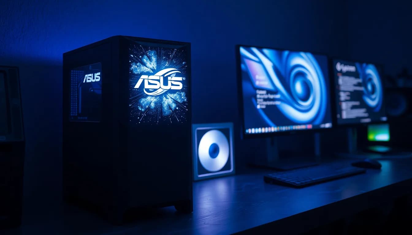 A desktop PC tower on a dark workbench displaying a frozen motherboard ASUS logo splash screen with no boot progress