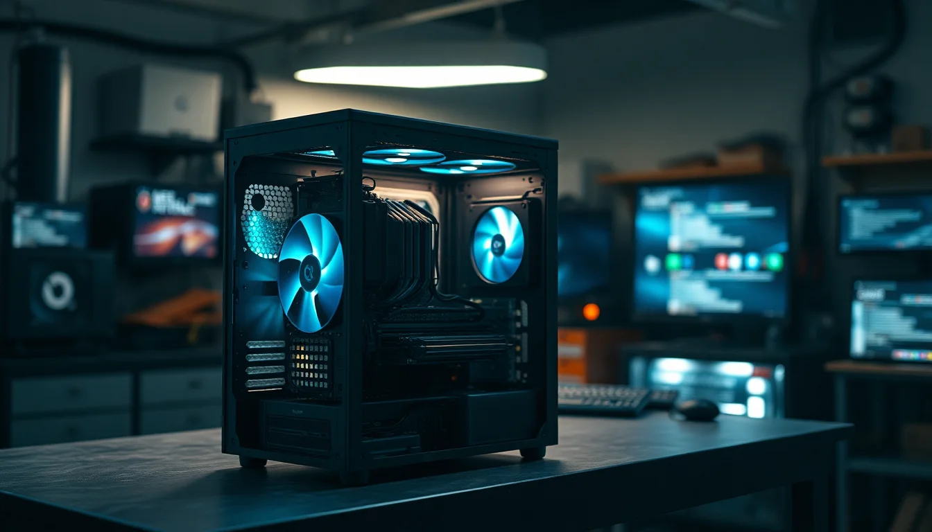 Desktop PC case open on a workbench with visible fans and hard drive, showing internal components being inspected for noise sources