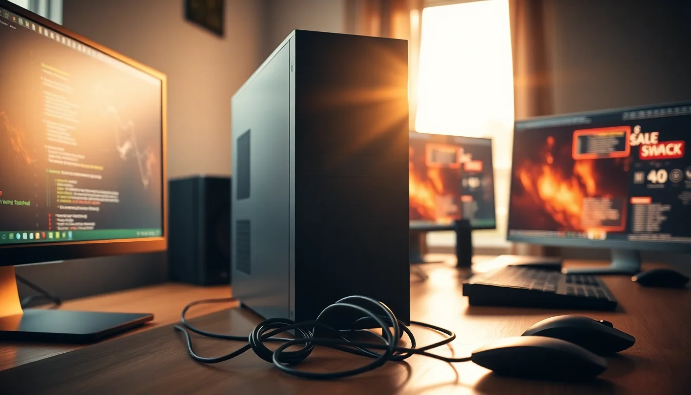 Desktop computer tower with power cable disconnected from wall outlet on modern office desk, warm sunlight from side window, focused professional atmosphere