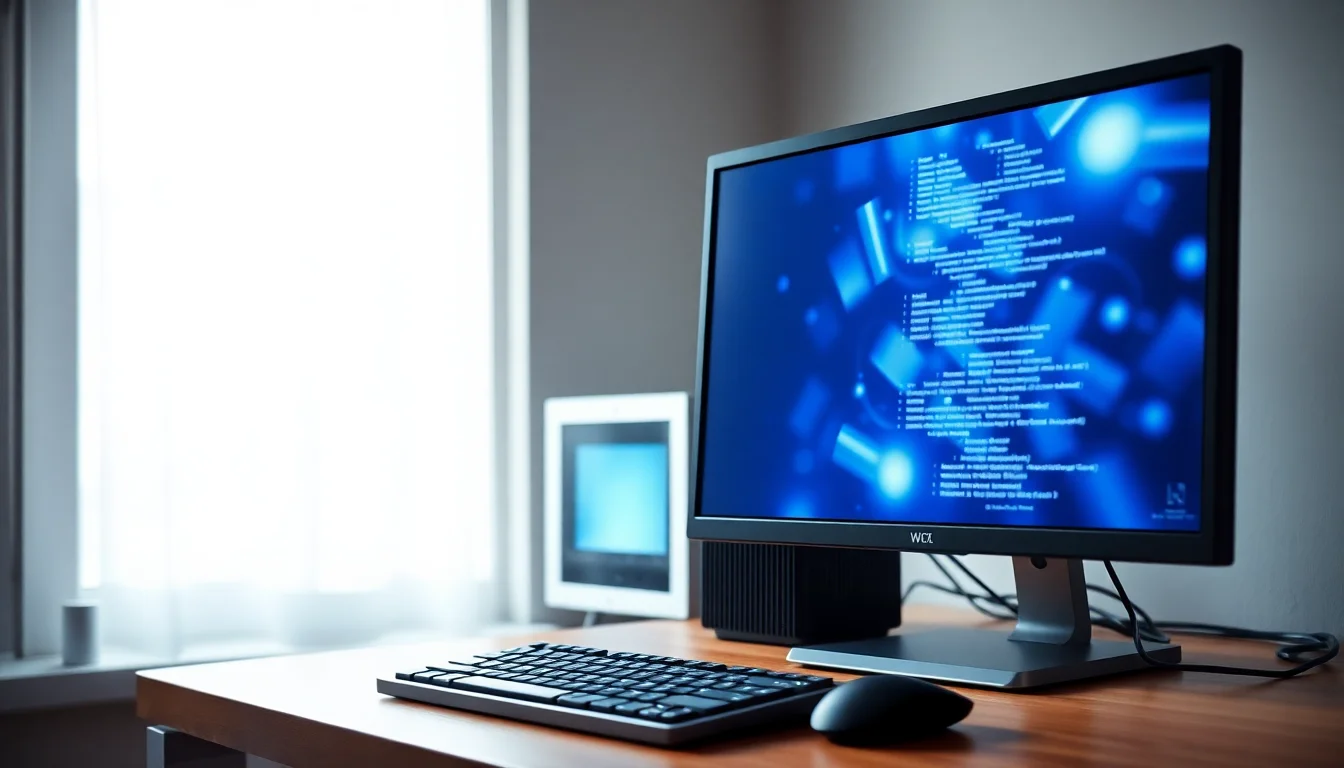 Desktop PC connected to a black monitor showing no signal on a clean wooden desk in a home office