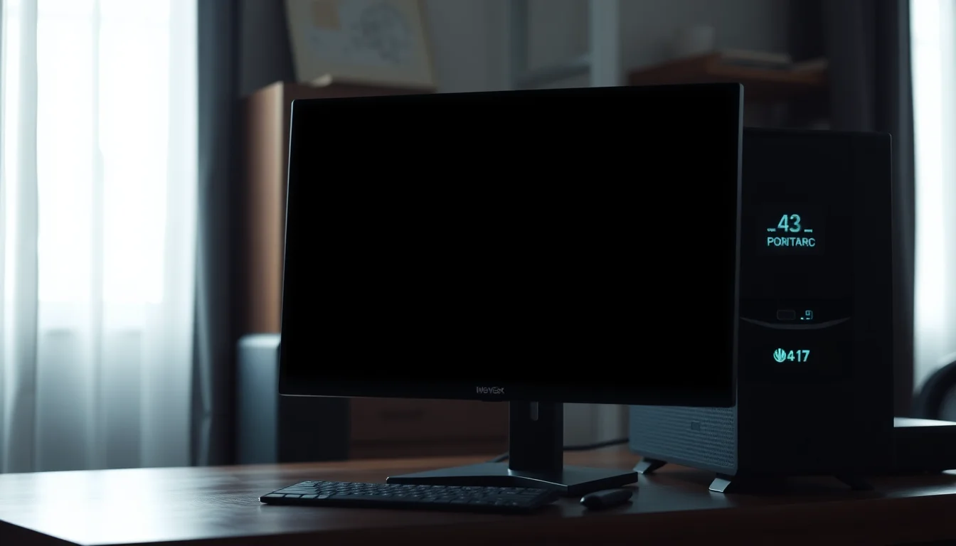 A desktop PC tower on a wooden desk showing no power lights with a dark blank monitor in a home office setting