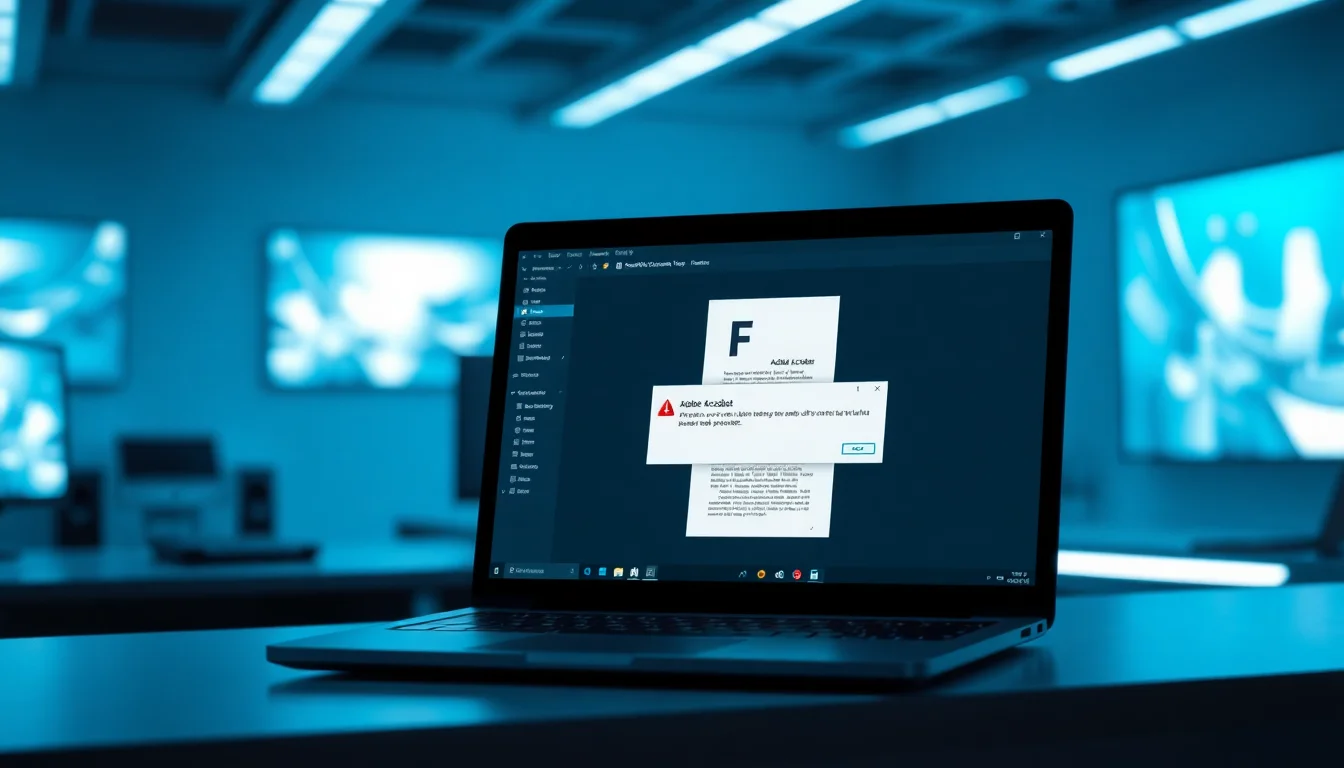 A Windows 11 laptop on a modern office desk showing Adobe Acrobat open with a PDF document and a file association error dialog on screen