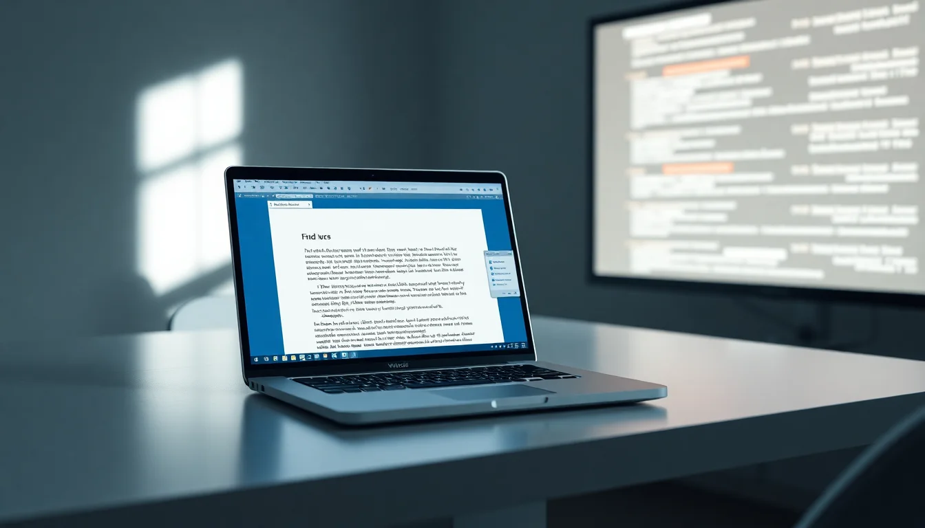 A Windows laptop on a clean desk showing a Word document with jumbled PDF paste text and a Find and Replace dialog open