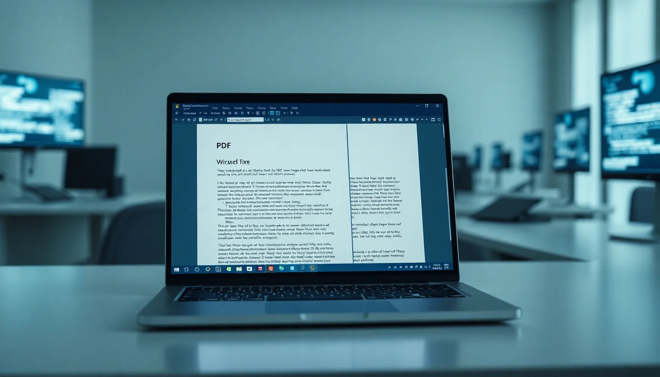 A Windows laptop on a desk showing a PDF document open in Microsoft Word with formatting errors visible on screen