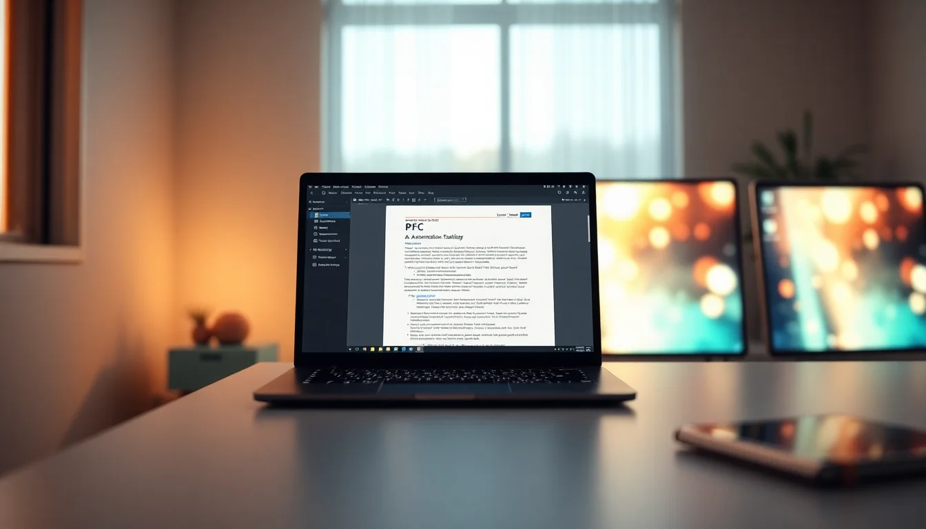Windows 11 laptop on a modern desk showing a PDF document open in a desktop editor application with annotation tools visible