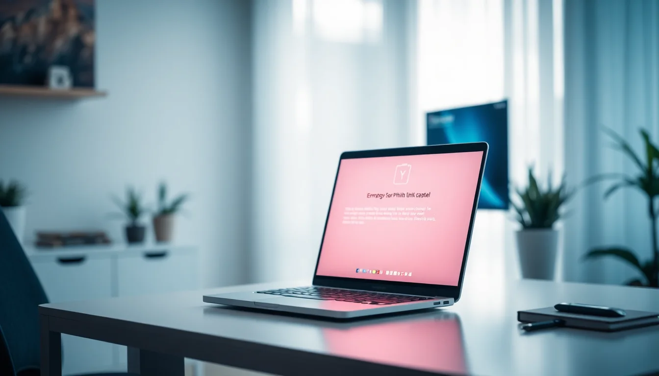 Laptop displaying phishing warning alert on desktop with red security warning banner, dramatic red and amber lighting from monitor, urgent focused atmosphere