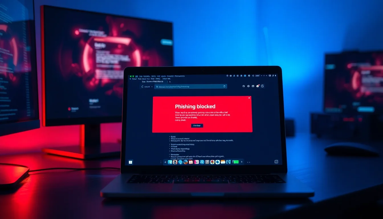 A Firefox browser window on a Windows laptop showing a deceptive site blocked warning page on a dark office desk